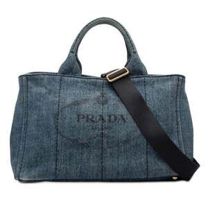 Prada Canapa Tote Bag/Shoulder Bag, 2-Way, 1BG642, Indigo Blue Denim, Women's...